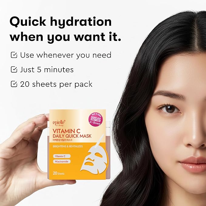 Epielle Vitamin C Korean Face Masks 20 Pack - Brightening Sheet Masks with Niacinamide for Dark Spots & Glowing Skin, Thanksgiving Essentials & Stocking Stuffers for Women