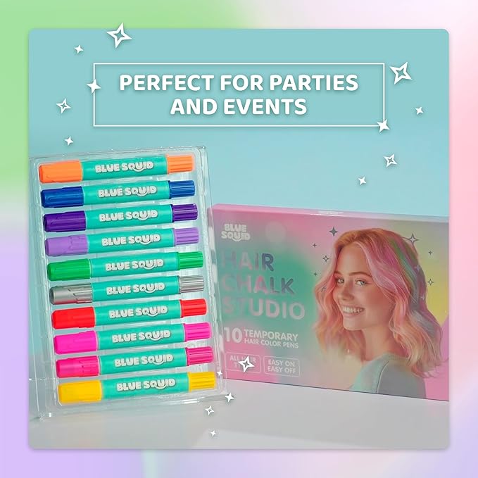 Blue Squid Hair Chalk for Girls Pens – 10 Dustless Vibrant Temporary Hair Color for Kids - Ideal Christmas, Birthday Gifts for Girls & Teens - Kid Safe, Washable Hair Dye for Ages 6 7 8 9 10 11 12