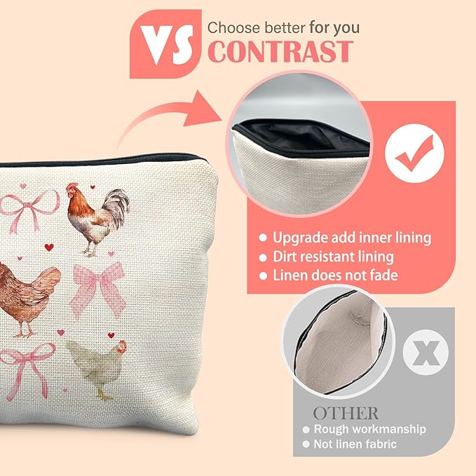 Coquette Pink Bow Chicken Makeup Bag for Women, Chicken Lover Gifts, Preppy Cottagecore Cosmetic Bag for Purse, Cute Rooster Hen Farm Animal Makeup Zipper Pouch