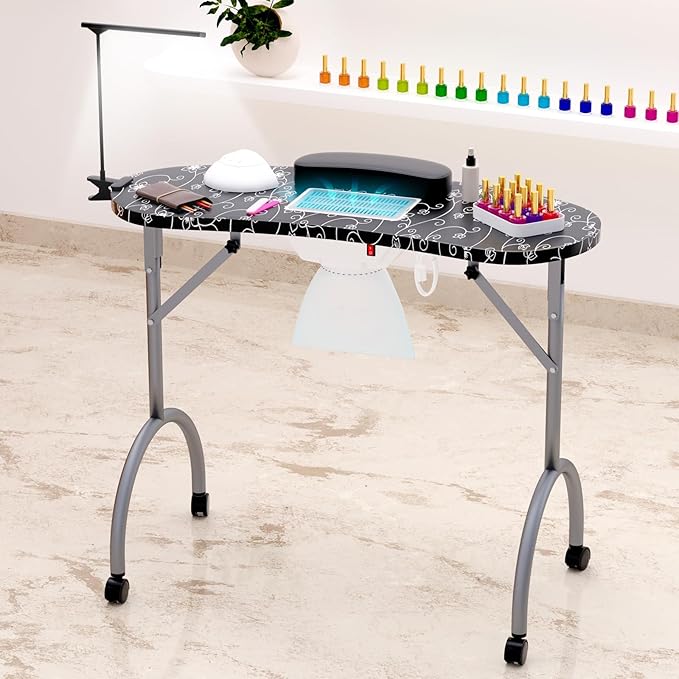 Portable Nail Table for Nail Tech on Wheels, Foldable Professional Manicure Table Travel Nail Desk with LED Lamp/Dust Collector/3 Dust Bags/Wrist Cushion/Storage Bag, Black