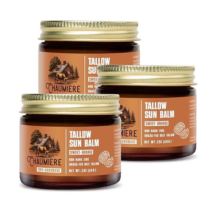 Sweet Orange Tallow Sunscreen SPF 50 – Grass-Fed Beef Tallow Balm with Carrot Seed Oil & Non-Nano Zinc – Organic Face & Body Moisturizer, Reef Safe, Naturally Scented – 2.5oz x3, Made in USA