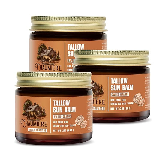 Sweet Orange Tallow Sunscreen SPF 50 – Grass-Fed Beef Tallow Balm with Carrot Seed Oil & Non-Nano Zinc – Organic Face & Body Moisturizer, Reef Safe, Naturally Scented – 2.5oz x3, Made in USA