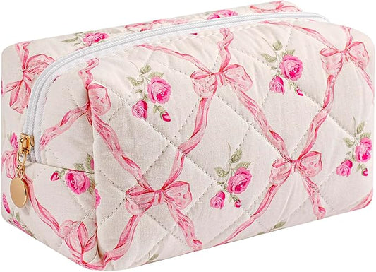 Travel Makeup Bag, Cosmetic Bag for Women Girls, Floral Flowers Toiletry Organizer, Portable Storage Bag, Pink Bowknot/Gold Zipper