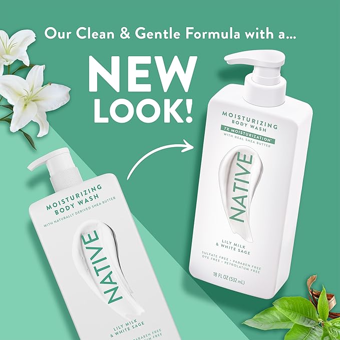 Native Moisturizing Body Wash Contains Naturally Derived Ingredients | For Women & Men, Sulfate, Paraben, & Dye Free Leaving Skin Soft and Hydrated | Lily Milk & White Sage 18 oz