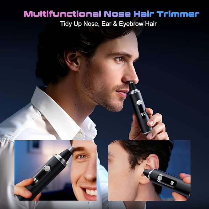 Nose Hair Trimmer for Men and Women, USB Rechargeable Electric Facial and Ear Hair Remover with LED Display, Dual-Edge Blades for Smooth, Painless Eyebrow Grooming (Black)
