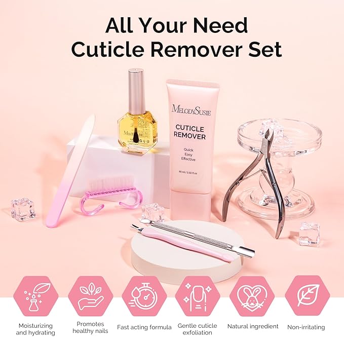 MelodySusie Cuticle Remover Kit,60g Cuticle Remover Cream 15ML Cuticle Oil,Cuticle Nipper Trimmer Pusher, Nail File and Brush for Cuticle Softener & Moisturize Manicure Kit for Nail Care