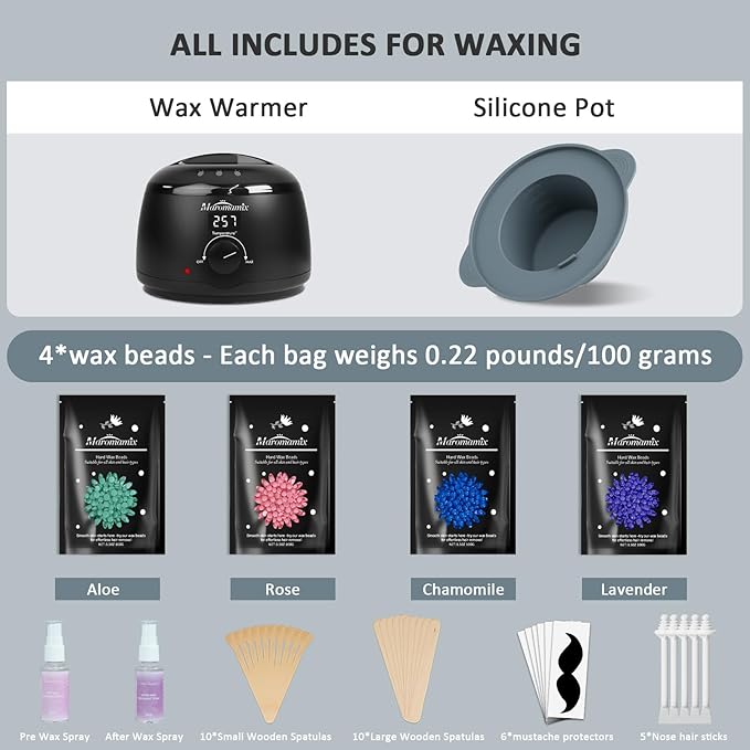 Waxing Kit -Digital Wax Warmer Machine for Hair Removal with 4 Packs of Hard Wax Beads & Silicone Pot for Full Body, Legs, Face, Eyebrows, Bikini, Brazilian at Home Waxing Kit for Men Women
