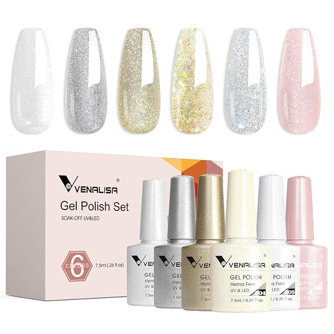VENALISA Glitter Gel Nail Polish Set, 6 Colors Chrome Platinum Glitter, Sparkly Silver Gold UV Gel Soak Off For Nail Salon DIY Home Manicure