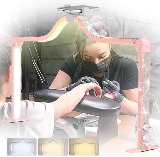 Half Moon Nail Desk Light, 35inch Foldable LED Nail Tech Lamp for Desk, 3 Color Adjustable 3000K-6000K Dimmable Manicure Table Lamp, 45W Large Nail Light with Phone Holder for Beauty, Lash (Pink)