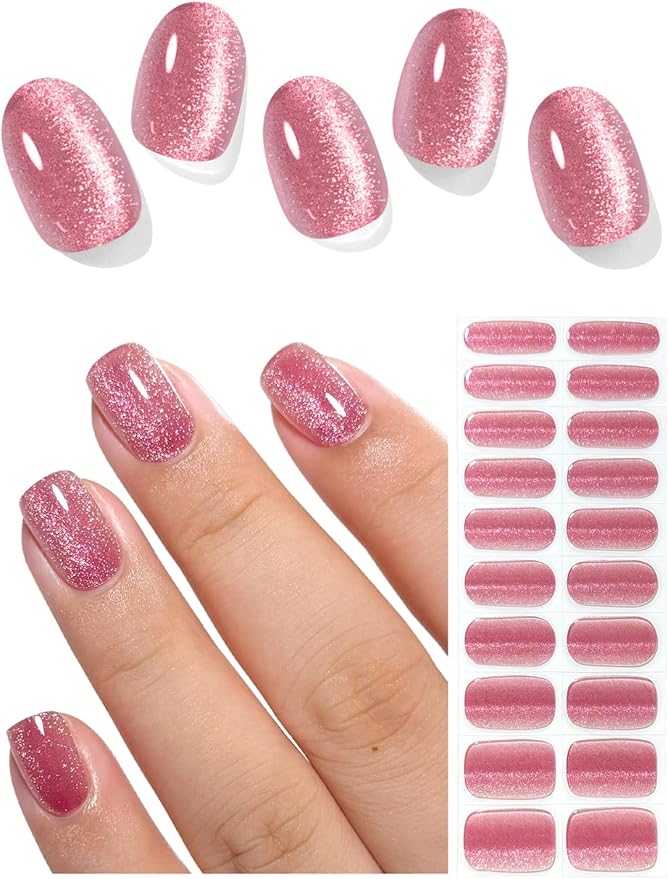 Semi Cured Gel Nail Strips (Crimson Cat Eye), Pink Red, 20 Pcs Gel Nail Wraps, Stickers, Salon Quality, Works With Any UV Lamps