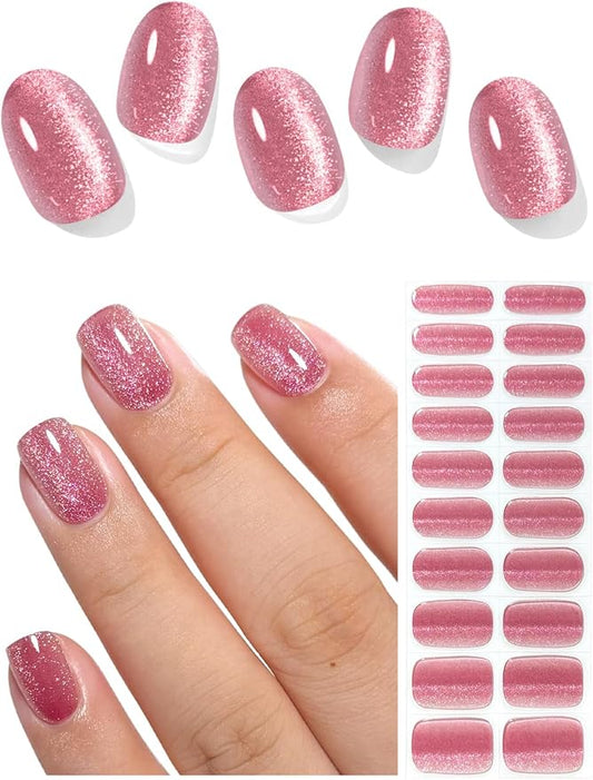 Semi Cured Gel Nail Strips (Crimson Cat Eye), Pink Red, 20 Pcs Gel Nail Wraps, Stickers, Salon Quality, Works With Any UV Lamps