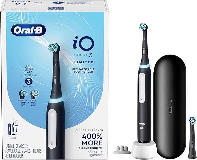 Oral-B iO Deep Clean Rechargeable Electric Powered Toothbrush, Black with iO Series 3 Limited, 2 Brush Heads and Travel Case - Pressure Sensor to Protect Gums - 3 Cleaning Settings - 2 Minute Timer