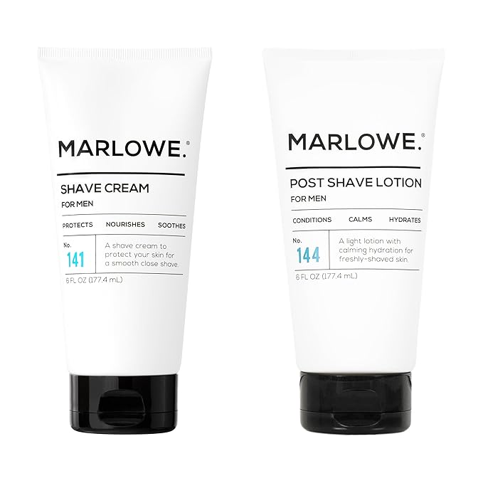 MARLOWE. Shave Cream No. 141 & Post Shave Lotion No. 144 – 6oz Each – Conditioning Shave Cream & Aftershave Lotion for Smooth, Soothing, Close Shave – Men's Shaving Kit Essentials, 2-Pack