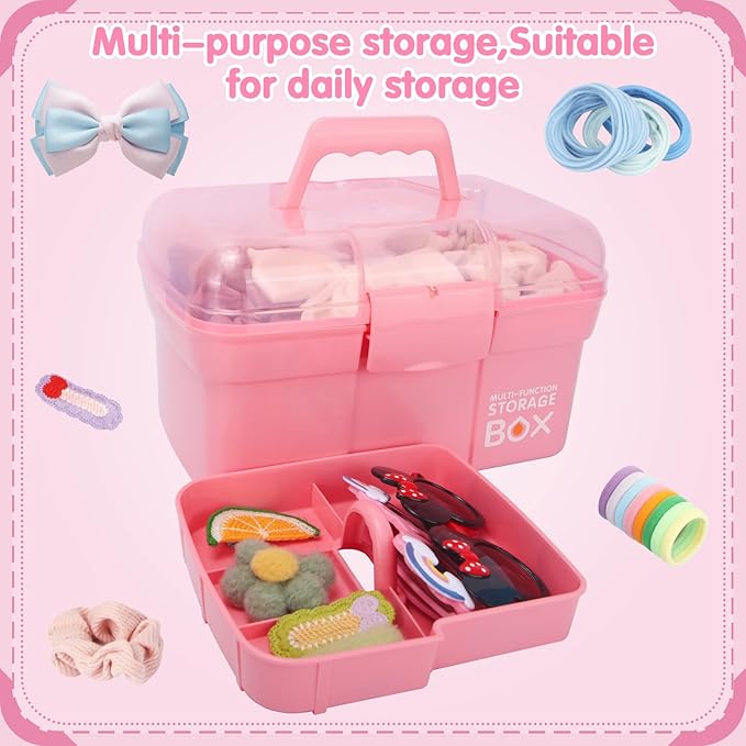 11in Mutipurpose Storage Box Organizer with Removable Tray, Portable Small Craft Organizer with Handle, Plastic Clear Tool Box Art Case for Makeup, Sewing, Nail, Hair Accessories (Pink)
