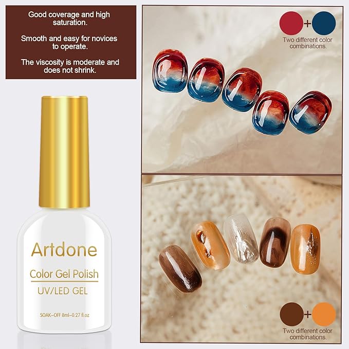 Artdone Sheer Gel Nail Polish Set Jelly UV Gel 6 Colors Translucent Amber Nude Brown Colors Nail Polish For All Seasons Neutral Soak off LED Lamp Gel Manicure Kit For Nail Art