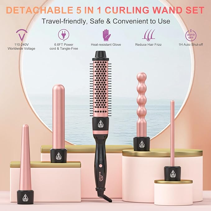 5 in 1 Curling Wand Set, Sixriver Hair Curling Iron with Curling Thermal Brush&4 Interchangeable Ceramic Curling Wand(0.4”-1.25”), Long Lasting Curls, Fast Heating Hair Wand Curler with Glove&2 Clips
