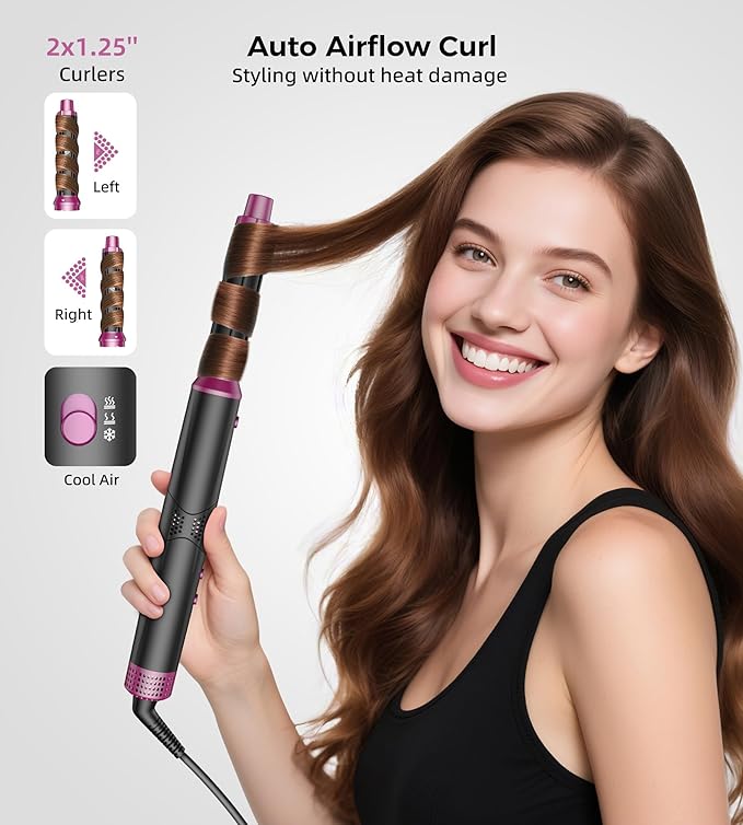 5 in 1 Hot Air Styler & Hair Dryer Brush, High-Speed Blow Dryer Fast Drying Curling Without Heat Damage, Volumizing Straightening, Auto-Wrap Curlers Includes Travel Storage Bag