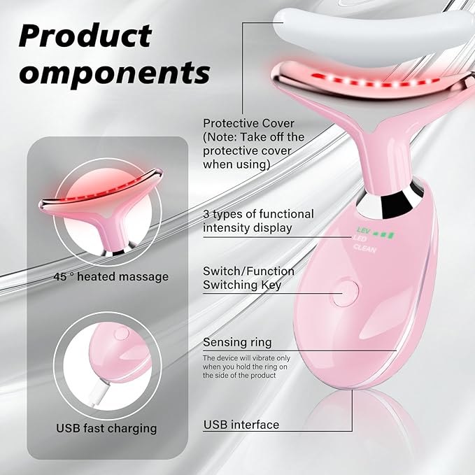 Neck&Face Massager with 7 Colors-Multi-Functional Skincare Tool,Home Beauty Device for Wrinkles&Relaxation (Pink)