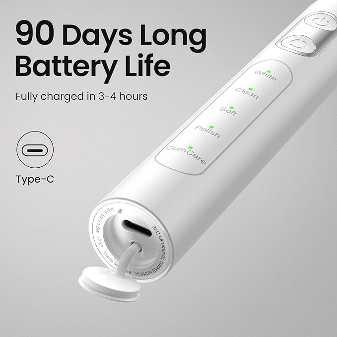 YUNCHI Sonic Electric Toothbrush for Adults Teens, Rechargeable Battery Toothbrush with 8 Brush Heads, 90 Days, 44000 VPM Powerful Motor, 5 Models & 2 Minutes Built in Smart Timer, Travel Case,White