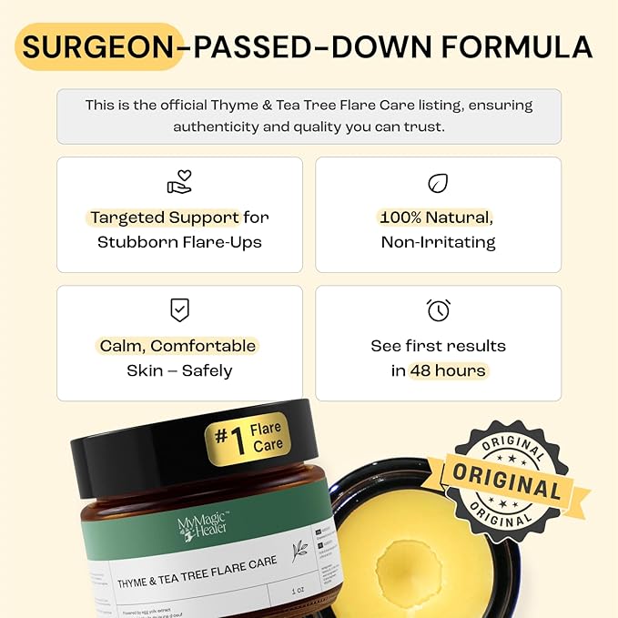 MyMagicHealer Thyme & Tea Tree Flare Care | Ingrown Hair, Razor Bumps, Blind Pimples, Bartholin, Pilonidal Cysts | Folliculitis Cure | Piercing Care w/Egg Yolk Extract & Tea Tree 1 oz