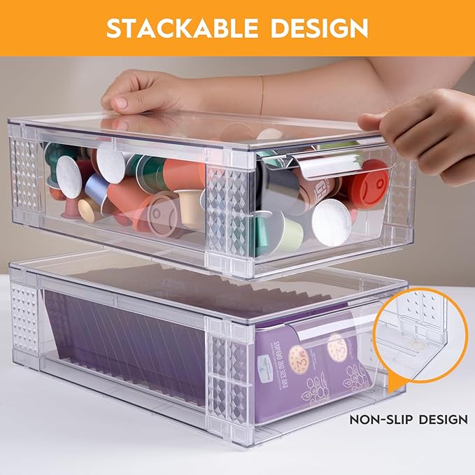 6 Pack Clear Stackable Storage Drawers, 3.95" H Easily Assemble Acrylic Organizer Bins - Multi-Use for Make up, Closet, Pantry, Bathroom, Medicine, Kitchen Cabinet & Undersink Organization