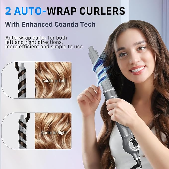 Quico 5 in 1 Blow Dryer Brush Set, Hot Hair Styler with Rotating Hair Dryer Brush, Auto Air Curler, Oval Brush, Curling Wand Set with Air Filter, Multi Styler Hair Tool, No Heat Damage
