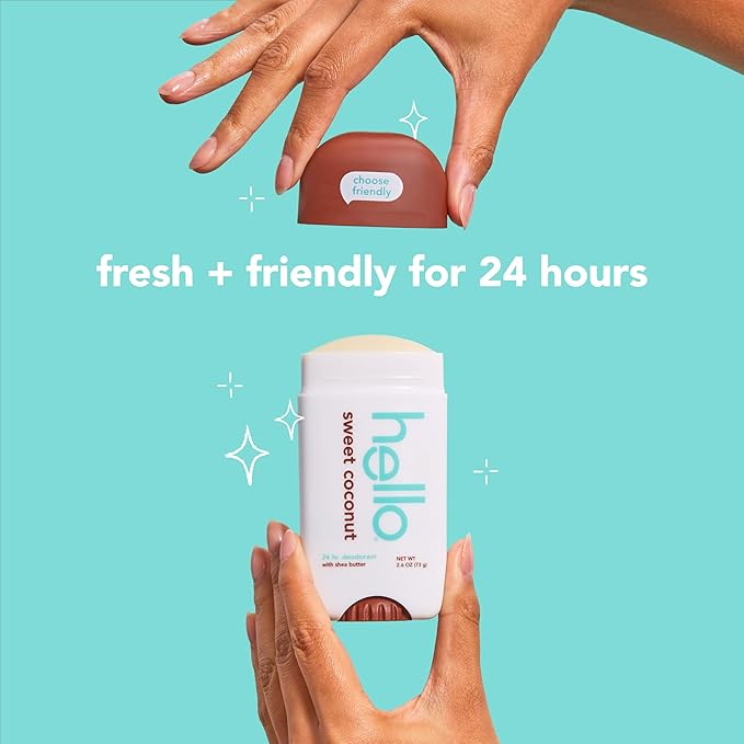 hello Sweet Coconut Aluminum Free Deodorant for Women and Men with Shea Butter, 24-Hour Freshness, Baking Soda Free Deodorant, Dermatologically Tested, 2.6 oz Stick (2 Pack)