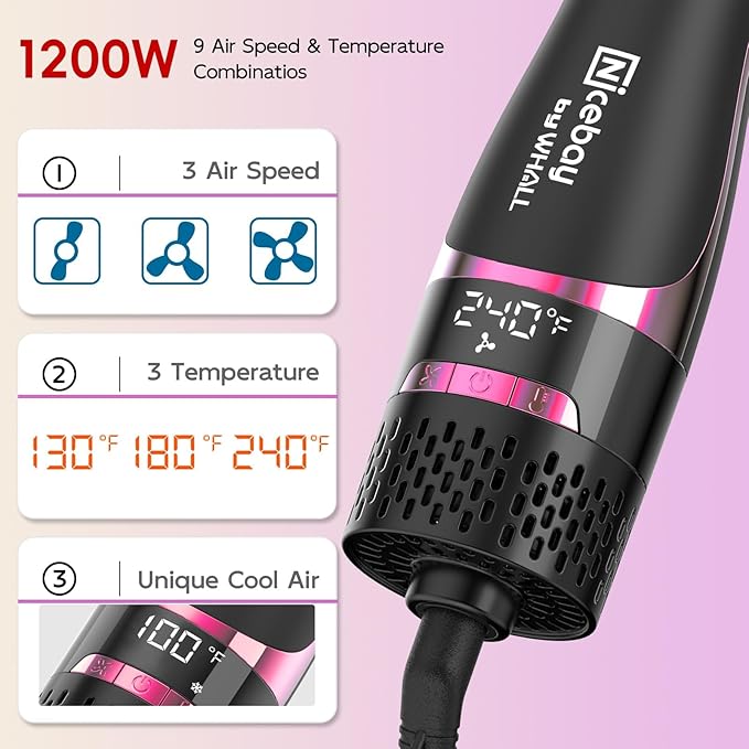 Nicebay Hair Dryer Brush, Blow Dryer Brush for Women Fast Styling, One Step Blowout Brush with Display Screen-Less Frizz, More Shine, Oval Ceramic Barrel, Negative Ion