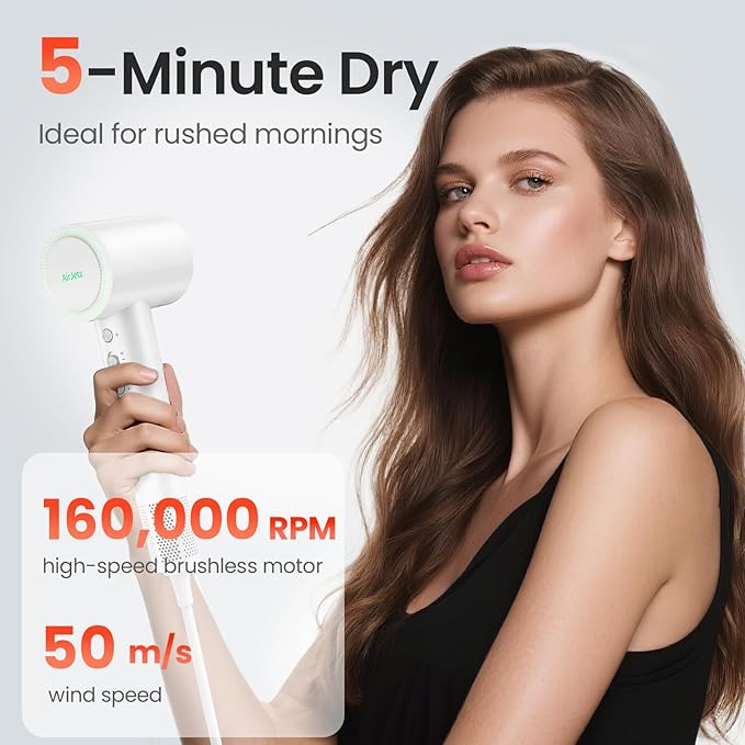 Hair Dryer, 160,000 RPM High-Speed Ionic Blow Dryer for Fast Drying, Professional Lightweight Hairdryer with Diffuser, Magnetic Nozzle, 4 Temps & 2 Speeds, Low Noise for Travel - White