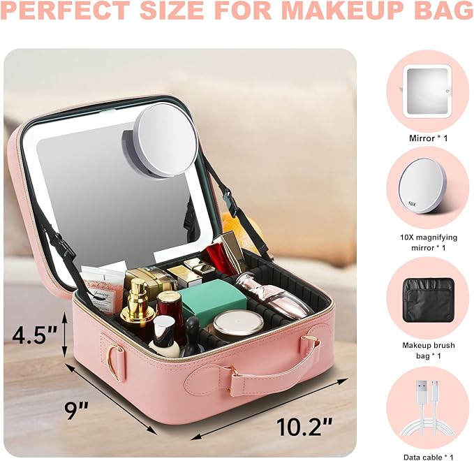 Mocado Travel Makeup Bag with LED Lighted Mirror,Travel Makeup Organizer,Makeup Case with 8 Makeup Brushes and 10x Magnifying Mirror,3 Colors Lighting, Adjustable Dividers Makeup Box(Pink)