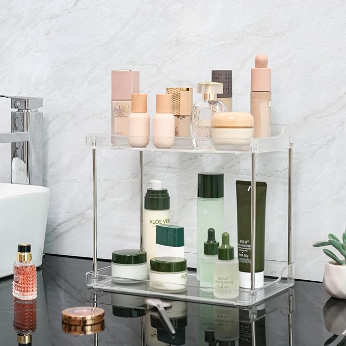 Yieach Clear Acrylic Bathroom Counter Organizers and Storage Tray, 2 Tier Makeup,Perfume,Skincare Organizer Shelf & Vanity Storage for Bedroom and Counter Top Spice Racks for Kitchen Corner,Rectangle