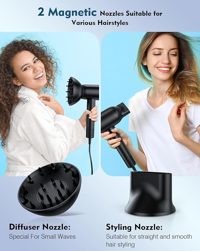 Hair Dryer, 160000 RPM High Speed 200 Million Ionic Blow Dryer, Professional Hair Blow Dryer with Diffuser and Nozzle for Home, Travel & Salon Use, 120V