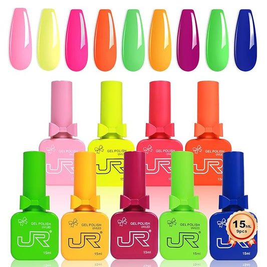 JR 9pcs 0.5oz Neon Gel Nail Polish Set Including Red Pink Nude Blue Orange Profesional Gel Polish Kit Soak Off Polish Home DIY Soak Off UV LED Nail Gel Kit DIY Manicure