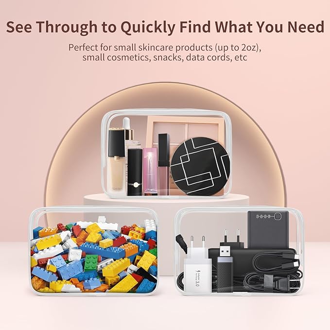 TISRATOK 12 PCS Clear Makeup Bag for Women with Zipper, TSA Approved Toiletry Pouch, Cosmetic Bag Bulk for Travel Organizer Essentials - White,Medium