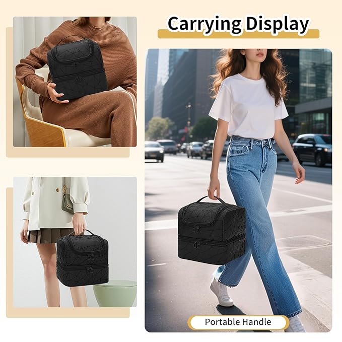 CUBETASTIC Nail Polish Organizer, Cute Nail Tech Organizers And Storage Bag Holds 45 Bottles & UV Nail Lamp, Compact Double-Layer Travel Nail Supplies Case for Nail Kit (Triangle Black, 27 Slots)