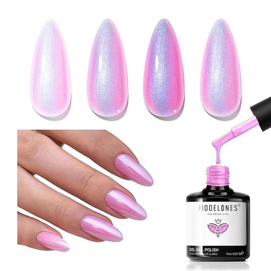 modelones Pearl Chorme Gel Nail Polish, 15 ML Shimmer Pastel Periwinkle Purple Mermaid Nail Drawing Glitter Iridescent Gel Polish Soak Off Led Nail Gel Polish Swirl Shell Thread Effect DIY Mani Gift