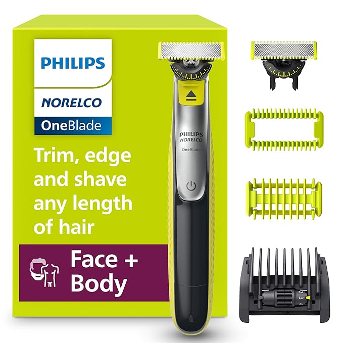 Philips Norelco for Face + Body, Electric Beard Trimmer, Shaver and Groomer, 5in1 Adjustable Comb, 1x Body Kit, Model QP2834/70, Black/Lime Green