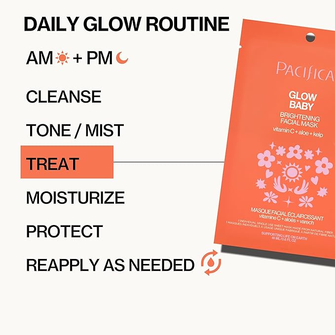 Pacifica Sheet Face Mask - 12 Pack - Glow Baby Brightening Facial Mask w/Vitamin C, Aloe & Kelp – Cooling Mask for Dark Spots & Fine Lines - Clean Beauty Vegan & Cruelty-Free Dermatologist Tested