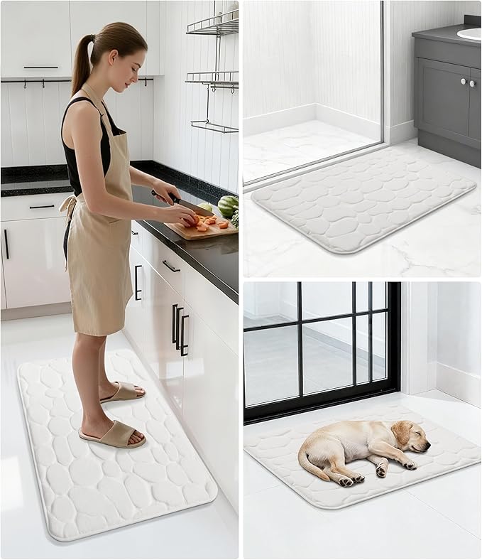 YIHOUSE Memory Foam Bath Mat Cobblestone Bathroom Rugs Super Water Absorbent Bath Mats for Bathroom Machine Washable Bath Rugs(17 x 24,White)