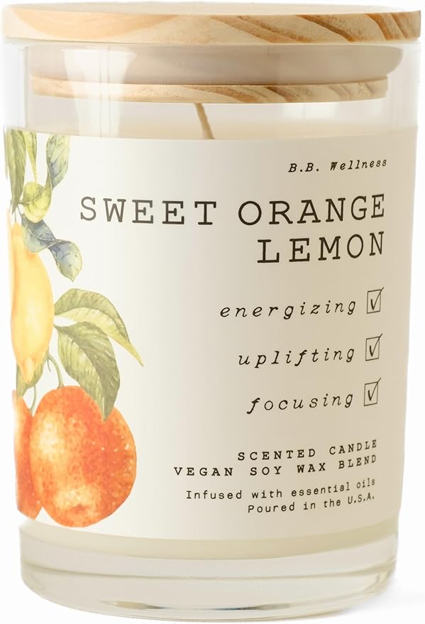 | B.B. Wellness | Hand Poured Soy Wax | Made in Small Batches | 40 Hours | 9 oz | Infused with Natural Essential Oils | Vegan (Sweet Orange Lemon)