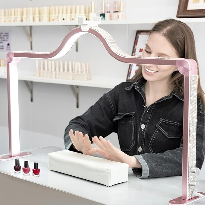 KEDAO Nail Light for Desk Half Moon Light for Nail Desk 34Inch Foldable LED Table Lamp Manicure for Table Adjustable Dimmable Half Moon Lamp for Lash Beauty Tattoos Crafts Pink