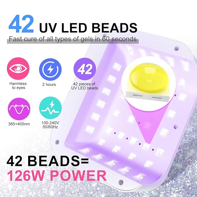 Led Nail Lamp, 126W Gel Nail Light Rechargeable Professional Lamp 42Pcs Beads Automatic Sensor for Manicure at Home and in Salons(Sparkly White)