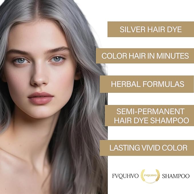 Fvquhvo Silver Gray Hair Dye Shampoo, Hair Color Shampoo for Women Men, Silver Hair Shampoo, Champu Para Canas, Works in Minutes, Long Lasting Natural Color, Easy to Use, 16.90 Fl Oz