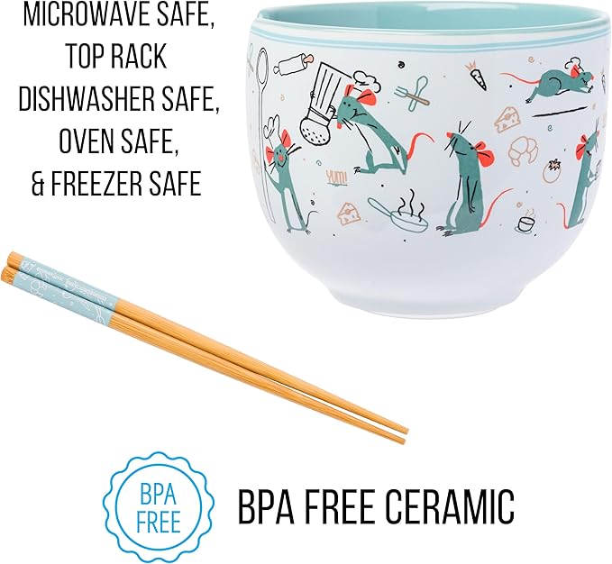 Silver Buffalo Disney Pixar Ratatouille Remy Icons Ceramic Ramen Noodle Rice Bowl with Chopsticks, Microwave Safe, 20 Ounces