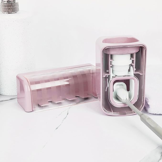 5 Slots Wall Mount Toothbrush Holder with Cover, Self Adhesive Toothbrush Storage Organizer for Shower, Toothbrush Hanger with Automatic Toothpaste Squeezer Dispenser (Pink)