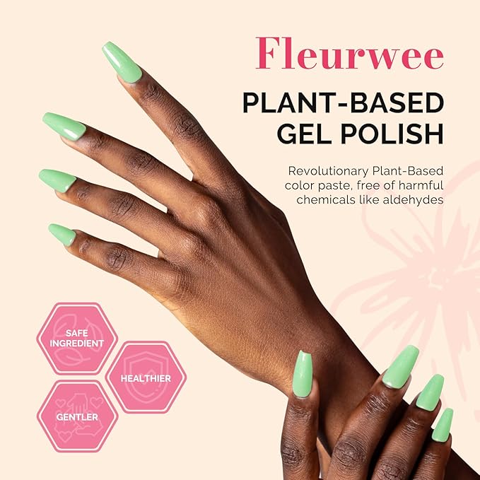 MelodySusie Fleurwee Plant Based Gel Nail Polish, Nail Polish Hema Free 21 Non Toxic Long Lasting No Chip Finger Toe Nail Art Manicure Salon DIY at Home Gifts for Women Lime Green Glitter P64
