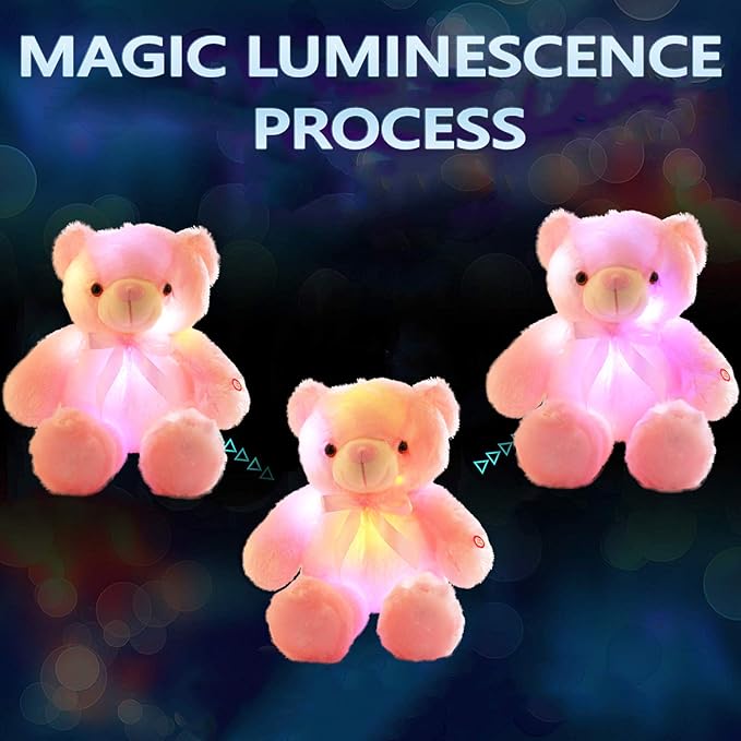 LED Teddy Bears Stuffed Animals, Cute Glow Bear Plush Toys Creative Colorful Luminous Light Up Doll Gifts for Bedroom, Kids, Baby, Valentine (Pink,18 inch)