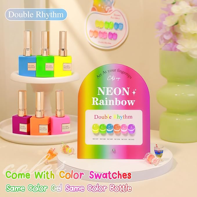 Double Rhythm Cat Eye Gel Nail Polish Set of 6 Same Color Same Bottle 0.5 Oz Shimmer Glitter with Magnet Holographic Reflective Magnetic UV Polish Kit at Home (Neon Orange Red Blue Green-T6-34)