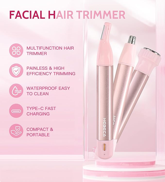 Nose Hair Trimmer for Women 3in1 Facial Hair Removal Trimmers- Rechargeable, Waterproof, Portable with Travel Bag- Trims Nose, Ear, Eyebrow, Peach-Fuzz, Lips, Chin Face Hair Remover (Pink)