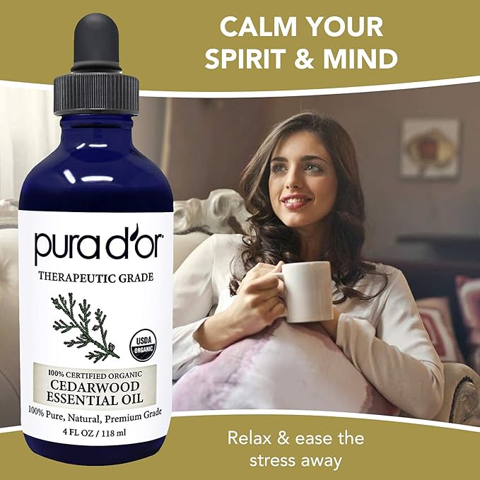 PURA D'OR Organic Cedarwood Essential Oil (4oz with Glass Dropper) 100% Pure & Natural Therapeutic Grade for Hair, Body, Skin, Aromatherapy Diffuser, Relaxation, Massage, Odors, Home, DIY Soap